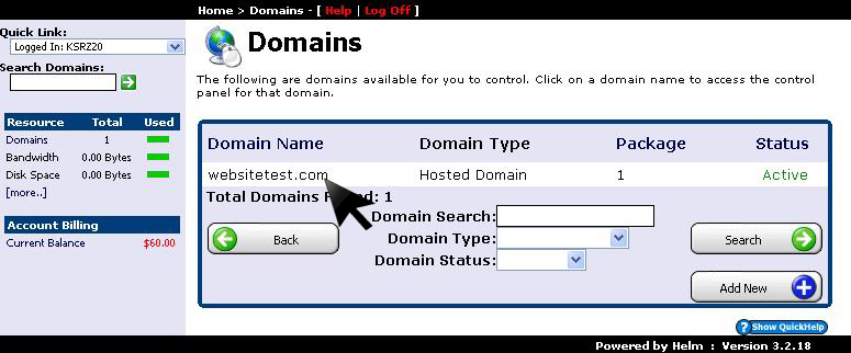 Select domain for FrontPage extensions